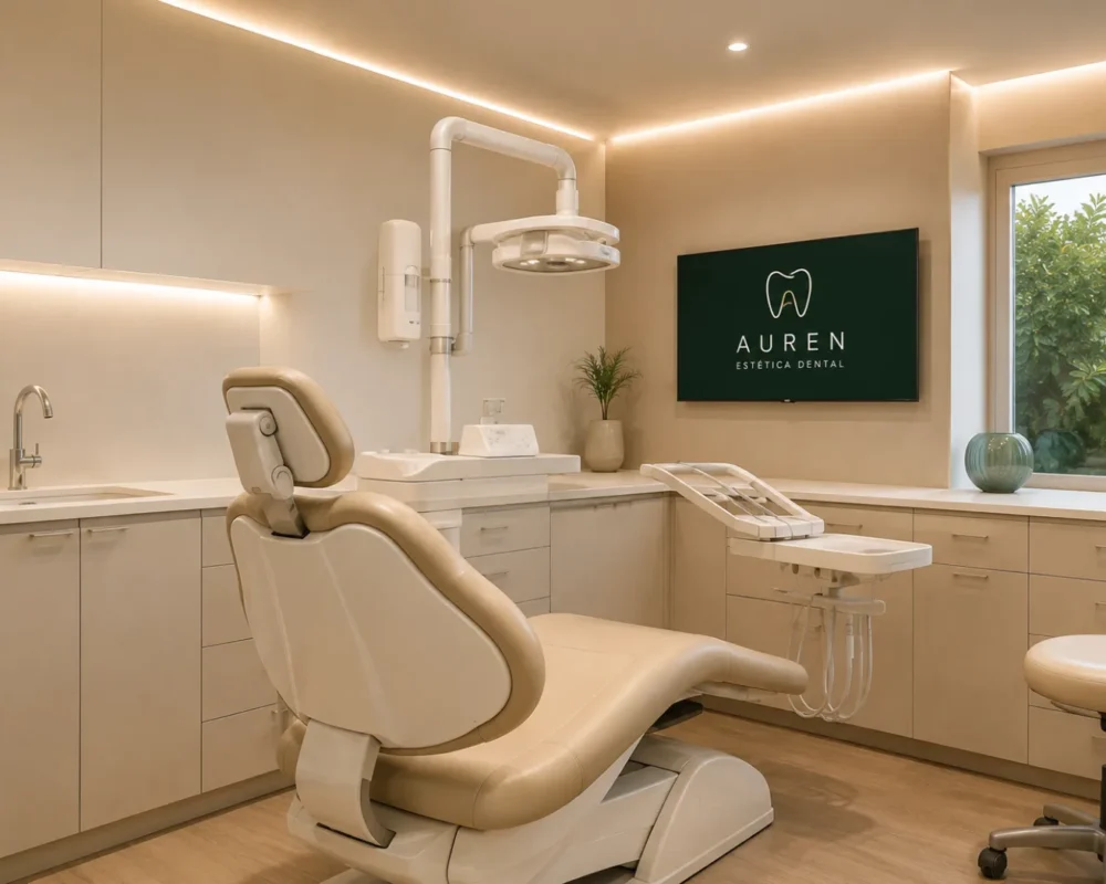 Consultorio de Auren Estética Dental con sillón odontológico e iluminación cálida
