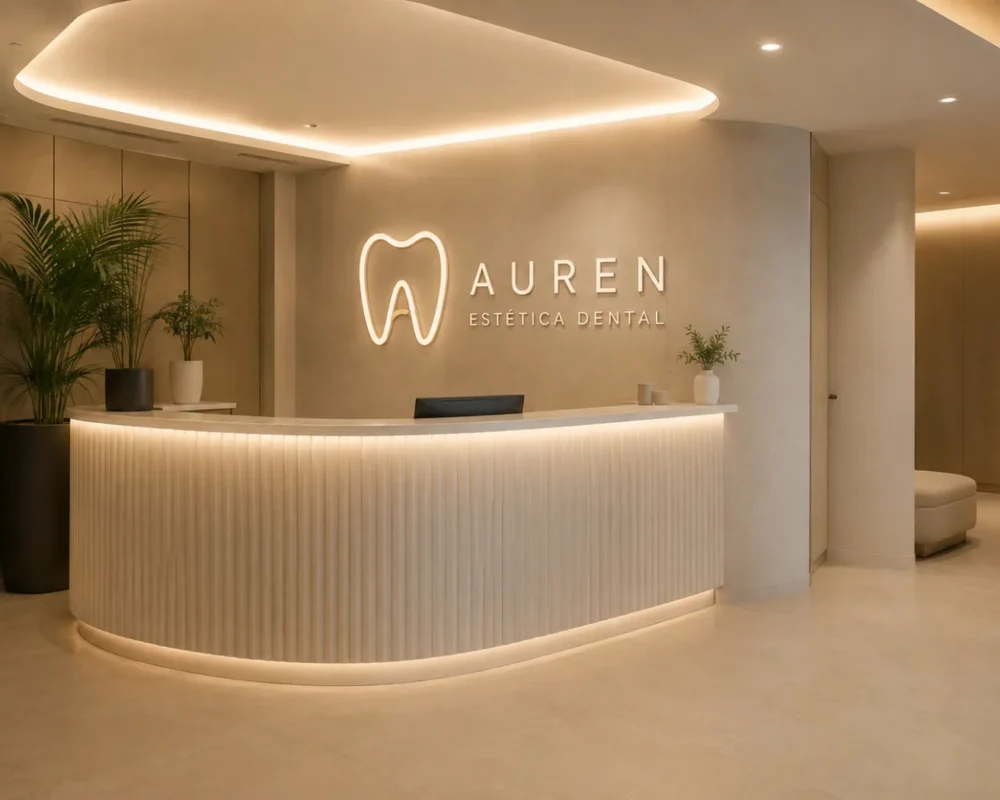 Recepción de Auren Estética Dental con el logotipo iluminado en la pared