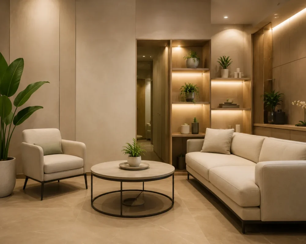 Sala de espera de Auren Estética Dental con sillones y plantas
